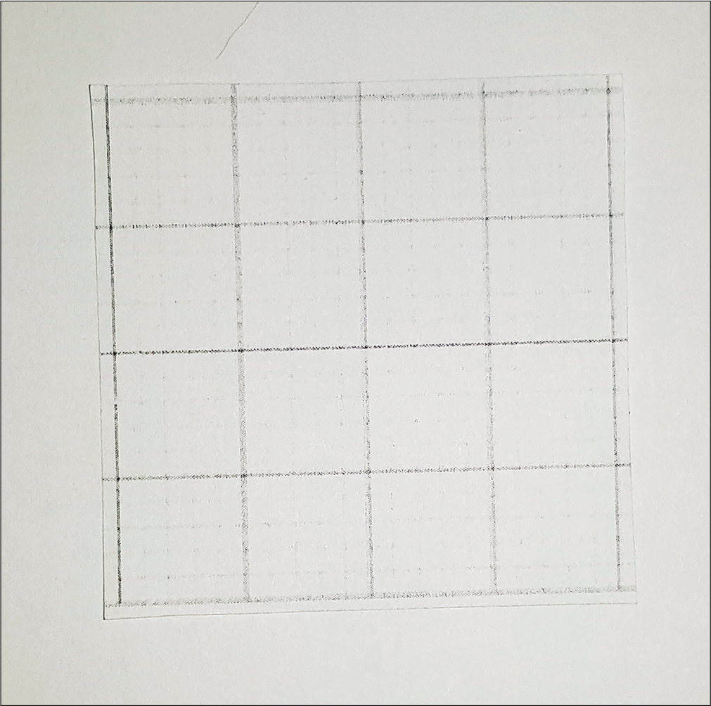 Printed grid sample (4 cm × 4 cm, with each square cm in the form of a 5 × 5 square with a small square having a side of 2 mm)