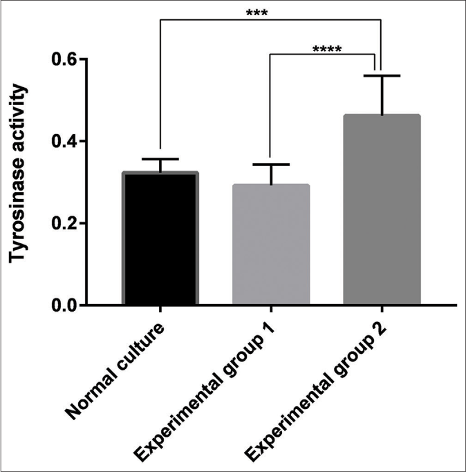 Tyrosinase activity of the blank group, the experimental Group 1 (melanocytes co-cultured with exosomes secreted by fibroblasts) and the experimental Group 2 (melanocytes co-cultured with exosomes secreted by keratinocytes). Keratinocyte-derived exosomes had a significant stimulatory effect on tyrosinase activity compared with the blank group (P < 0.001) and the experimental Group 1 (P < 0.001). There was no significant difference between the experimental Group 1 and the blank group (P > 0.05)