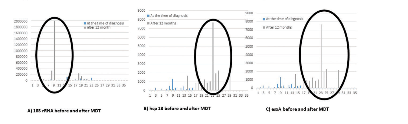 Determination of viable load of bacilli before and after the completion of 12 months of multibacillary multidrug therapy. Total ribonucleic acid from 36 multibacillary leprosy patients was collected before the multidrug therapy treatment started and after 12 months of treatment completion. Copy numbers of 16SrRNA (A), hsp18 (B) and esxA (C) were calculated. The time point of the post-treatment stage (duration in months) at which the sample was collected from each patient is shown on the X-axis. Copy number of messenger ribonucleic acid before treatment and after multidrug therapy treatment is shown on the Y-axis