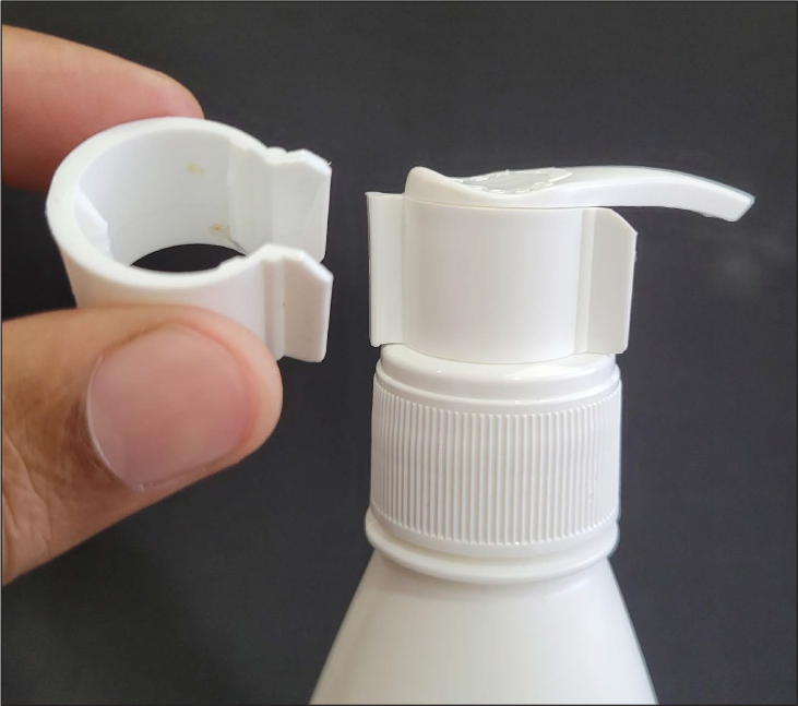 The plastic lock that comes with commercially available medical and non-medical lotions. The elevated part on the outer rim is ground to give a smooth feel when placed on the lip.