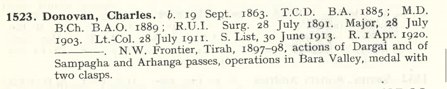 Excerpt from the Indian Medical Service roll, summarising Donovan’s career, with his education in Cork, training in Dublin, and subsequent work in the medical service