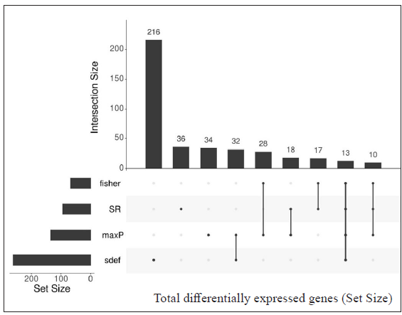 Upset plots depicting the number of differentially expressed genes from each meta-analysis method and their intersection. Th vertical bar represents the total number of expressed genes from different methods (intersection size) and the horizontal bar depicts the total gene size (set size) expressed by the meta-analysis method. Genes from HC vs RR from two datasets (GSE129033 and GSE74481), 13 genes were found common by meta-analysis methods.