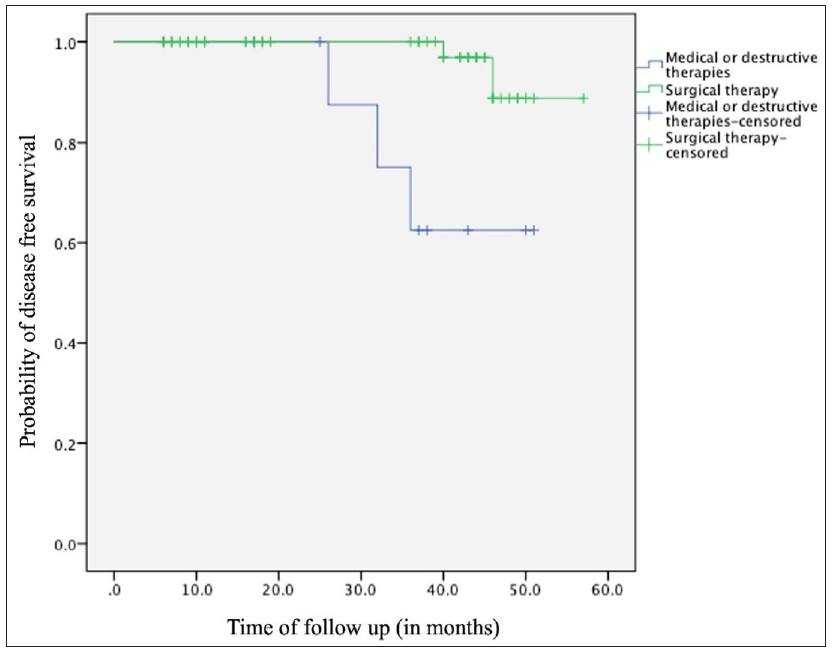Kaplan–Meier survival analysis depicting disease-free survival between surgically treated and medically/destructively treated patients over the follow-up duration.