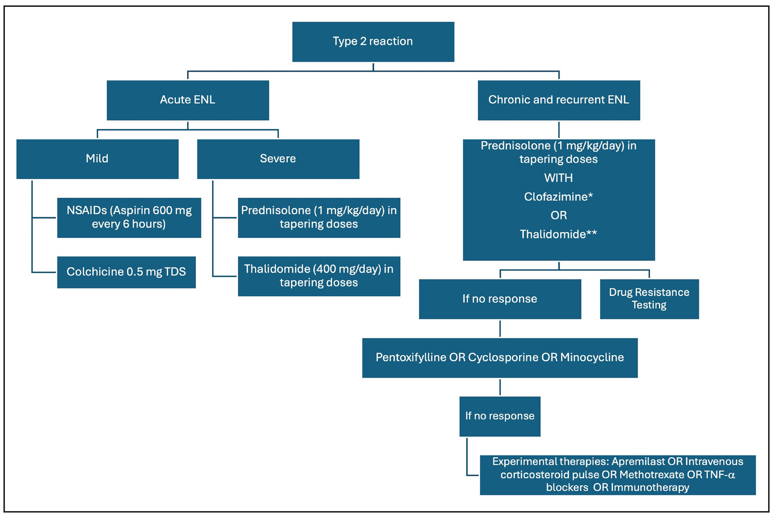 Management of type 2 leprosy reactions (ENL: erythema nodosum leprosum, NSAIDs: non-steroidal anti-inflammatory drugs; TNF-α: tumour necrosis factor alpha). *Clofazimine in a dose of 100 mg TDS for 12 weeks, 100 mg BD for 12 weeks and 100 mg OD for 12–24 weeks. **Thalidomide up to a dose of 400 mg/day in tapering doses, #Consider combination with proton pump inhibitors to mitigate associated gastrointestinal adverse effects