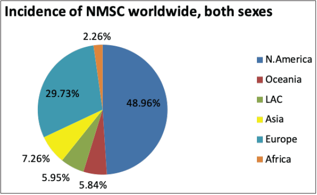 Pie charts representing status of skin cancers in India and worldwide