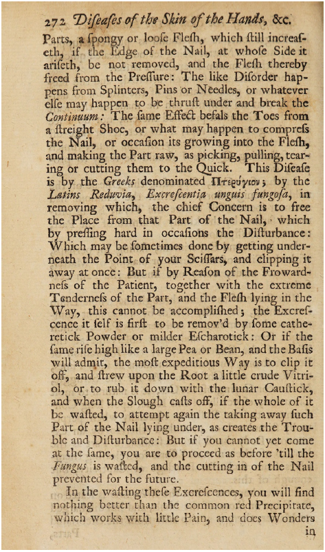 On the management of ingrown toenails in Turner’s De morbis cutaneis (1723). (Credit: De morbis cutaneis. A treatise of diseases incident to the skin with an appendix concerning the efficacy of local remedies by Daniel Turner. Wellcome Collection. Public Domain Mark 1.0).