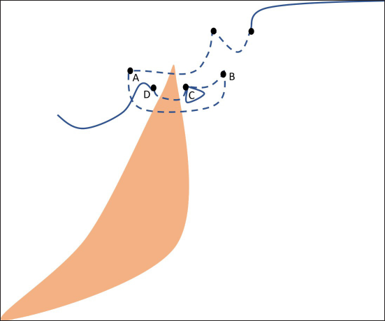 After having passed through point A (far end), the needle re-enters at point B to exit at the near end on the same side (point C) and then re-enters through point C to exit at the near end on the opposite edge (point D) in a superficial plane (far-far-near-near).