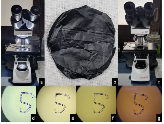 (a-c) show the steps for converting a normal microscope into a modified dark ground microscope, (d) displays the microscopy field without a black cover, (e) with a single layer, (f) with a double layer, and (g) with a three-layer cover.