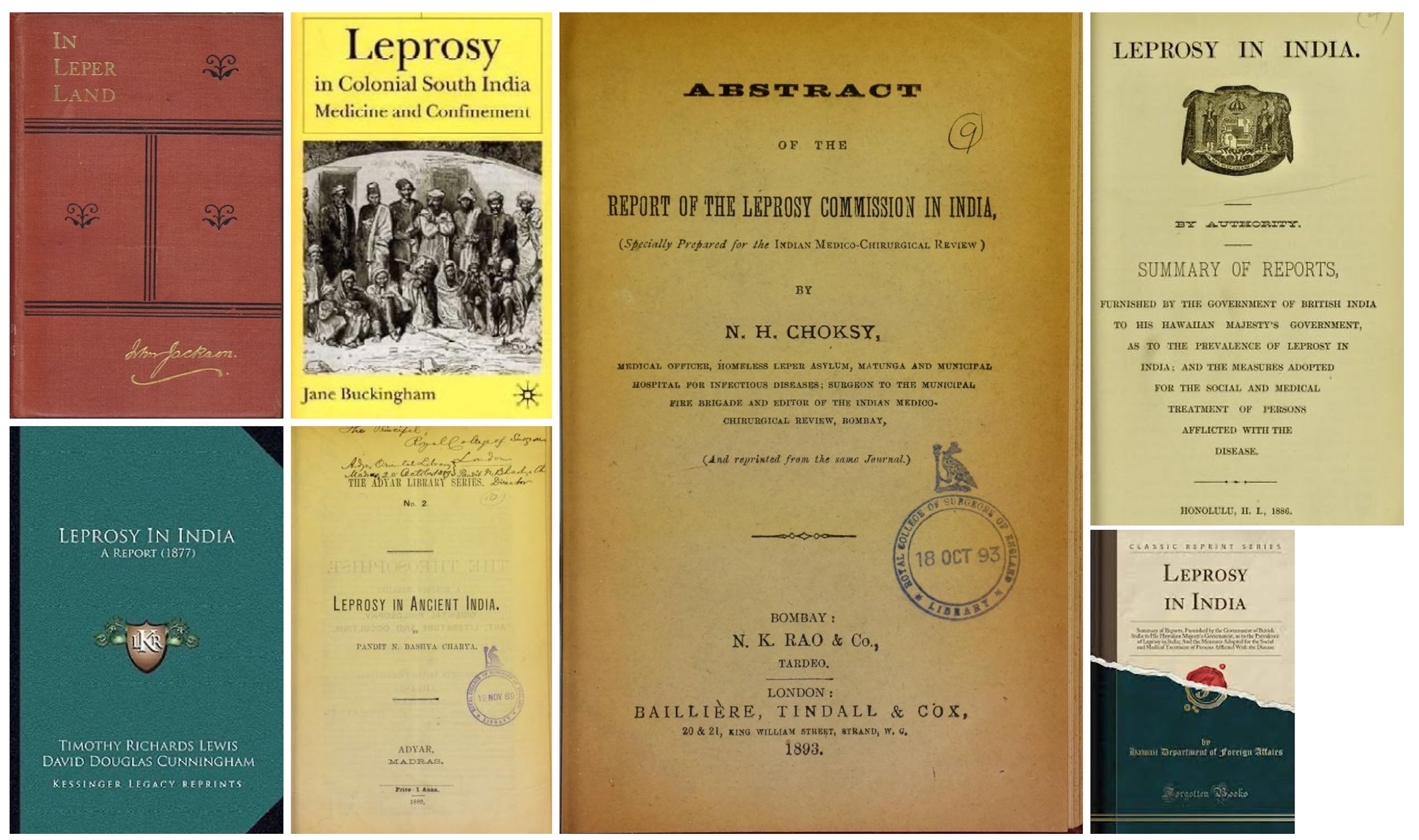 A collage showcasing the covers of historical texts on leprosy, dating back to before the 20th century.