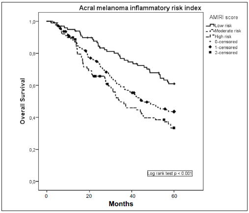 Overall survival according to acral melanoma inflammatory index (AMIRI), in patients diagnosed with AM, between 2001 and 2015 (N=394).