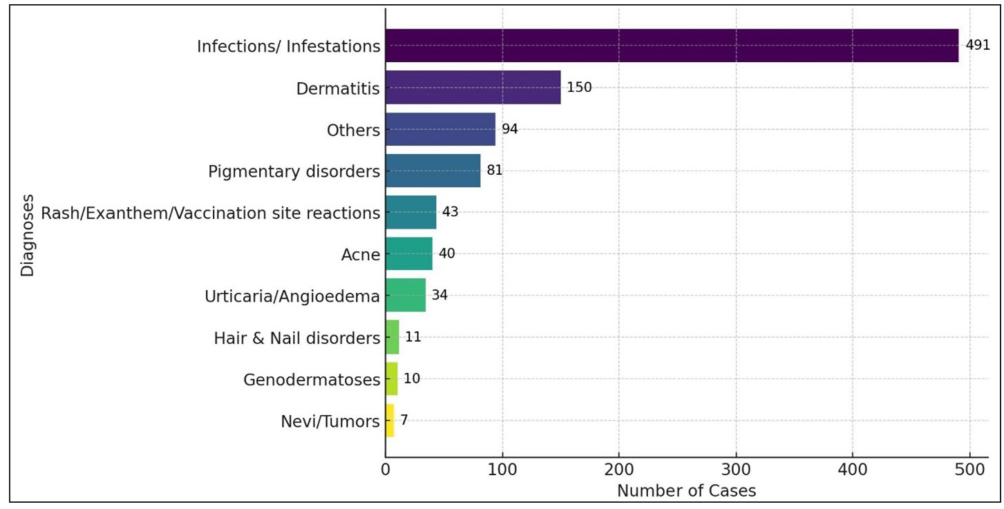 Frequency distribution of broad diagnoses of paediatric teledermatology cases seen during the study period.
