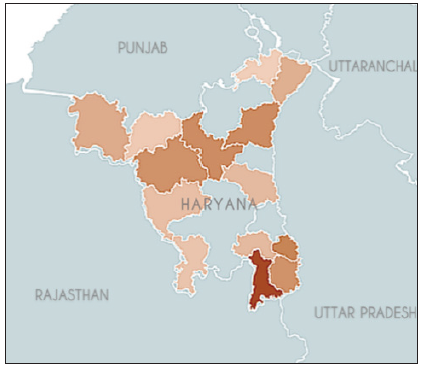 A heatmap depicting the districts of the state of Haryana affected by the impetigo outbreak, with colour intensity reflecting the degree of impact, measured by the number of cases. Although paediatric teledermatology consultations were sought from all districts, the outbreak demonstrated varied distribution. Such visual representations, derived from teleconsultation datasets, hold potential value in directing health resource allocation and focused public initiatives.